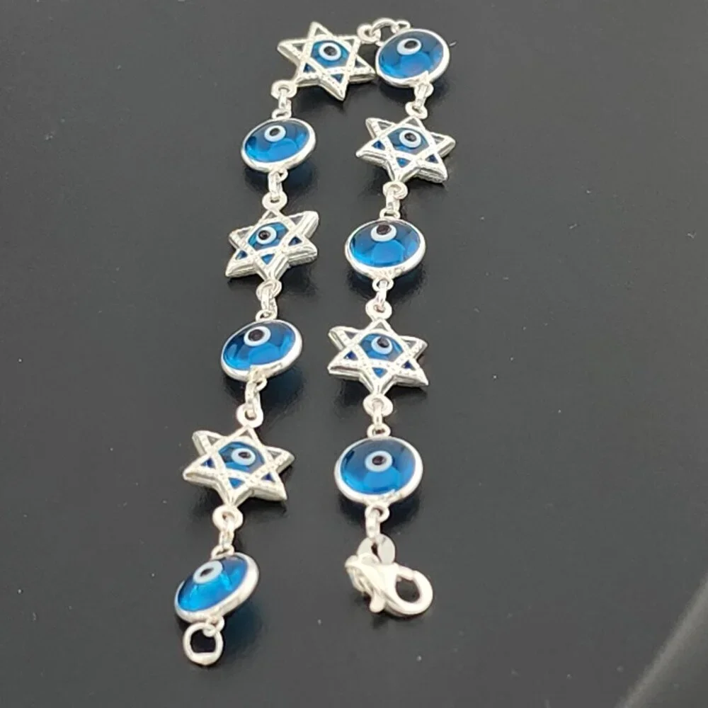 Sterling Silver 925 Multi Round & Star Evil Eye Bracelet – Protection & Style - Picture 2 of 13
